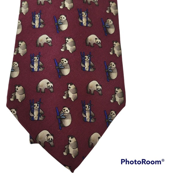 The Nature Conservancy Panda Bear Burgundy Tie 100% Imported Silk Hand Made - Picture 1 of 5